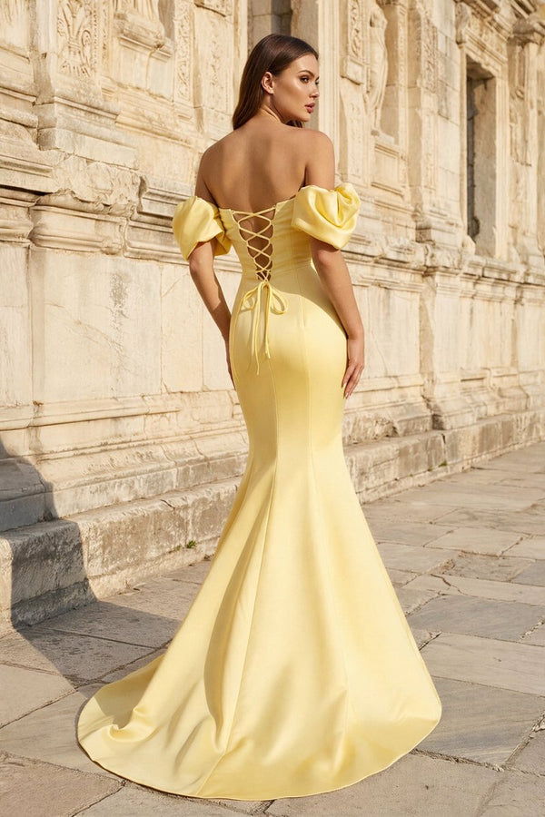 Yellow Satin Off - the - Shoulder Mermaid Pleated Long Formal Prom Dress with Sleeves - KissProm