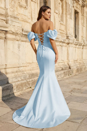 Yellow Satin Off - the - Shoulder Mermaid Pleated Long Formal Prom Dress with Sleeves - KissProm
