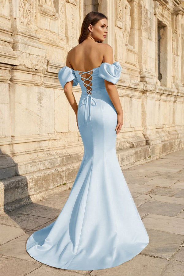 Yellow Satin Off - the - Shoulder Mermaid Pleated Long Formal Prom Dress with Sleeves - KissProm