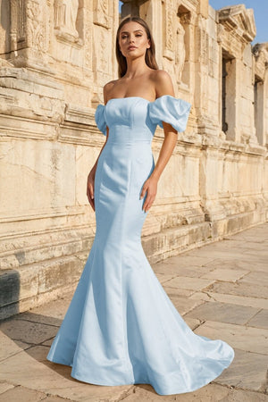 Yellow Satin Off - the - Shoulder Mermaid Pleated Long Formal Prom Dress with Sleeves - KissProm