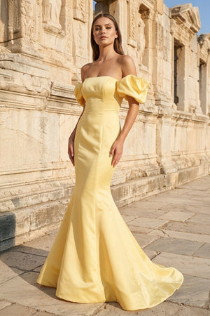 Yellow Satin Off-the-Shoulder Mermaid Pleated Long Formal Prom Dress with Sleeves - KISSPRPM PROM DRESSES