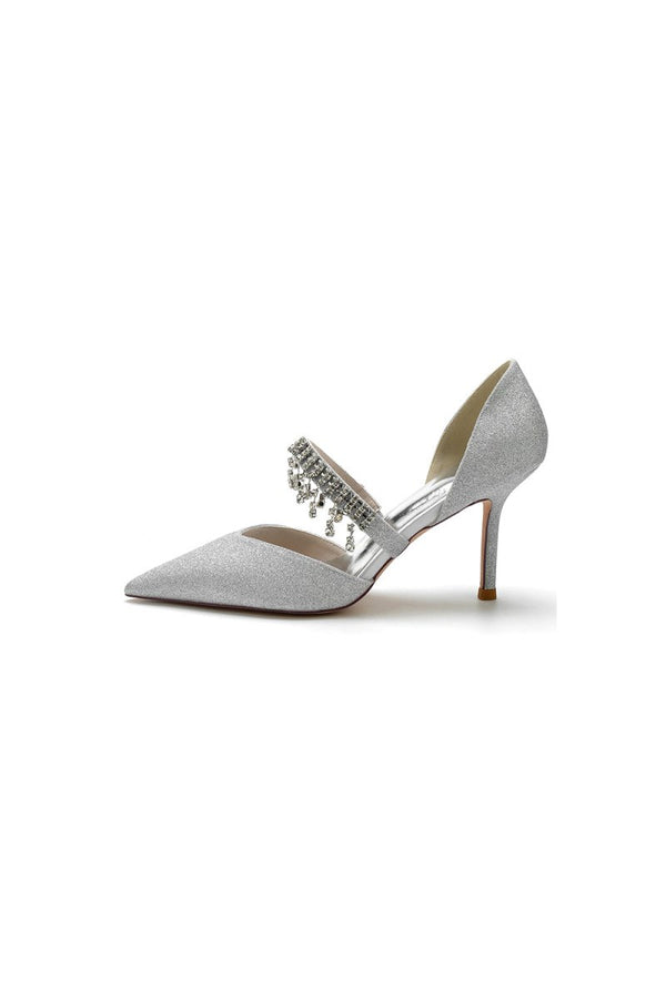 Sequin Crystal Strap Pointed Toe High Heels - KissProm