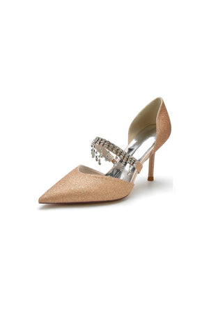 Sequin Crystal Strap Pointed Toe High Heels - KissProm