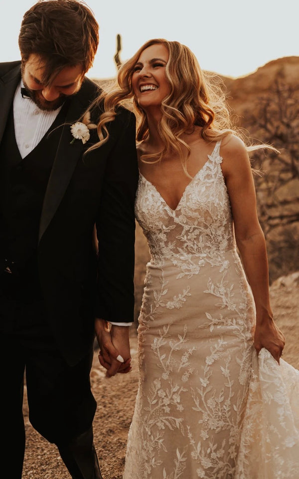 Sexy Mermaid V-neck Lace Sleeveless Wedding Dress with Sweep Train Simple Elegant Ethereal Country Garden – Wedding Dresses by Kissprom | Available at KissProm