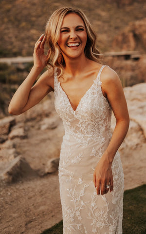 Sexy Mermaid V-neck Lace Sleeveless Wedding Dress with Sweep Train Simple Elegant Ethereal Country Garden – Wedding Dresses by Kissprom | Available at KissProm