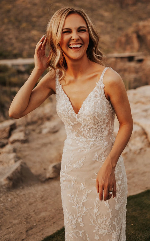 Sexy Mermaid V-neck Lace Sleeveless Wedding Dress with Sweep Train Simple Elegant Ethereal Country Garden – Wedding Dresses by Kissprom | Available at KissProm
