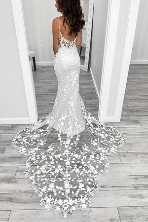 Sexy Satin V-Neck Spaghetti Straps Illusion Lace Applique With Lace Train Wedding Dress