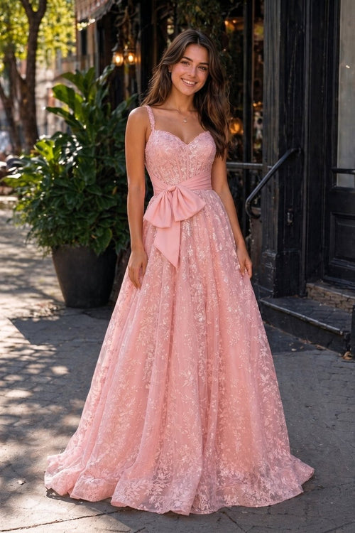 Pink Spaghetti Straps A Line Sequined Lace Long Prom Dresses With Bow - KissProm