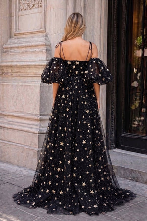 Side Slit Black Prom Dress with Stars - KissProm