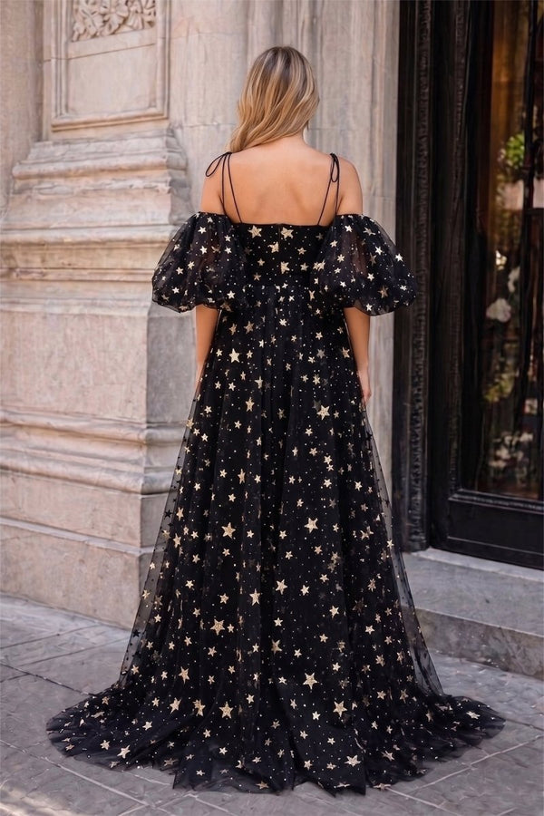 Side Slit Black Prom Dress with Stars - KissProm