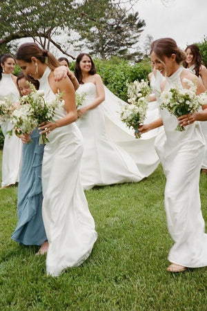 Rosalinda | Sheath Halter White Silk Satin Long Bridesmaid Dresses