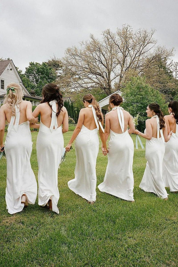 Rosalinda | Sheath Halter White Silk Satin Long Bridesmaid Dresses