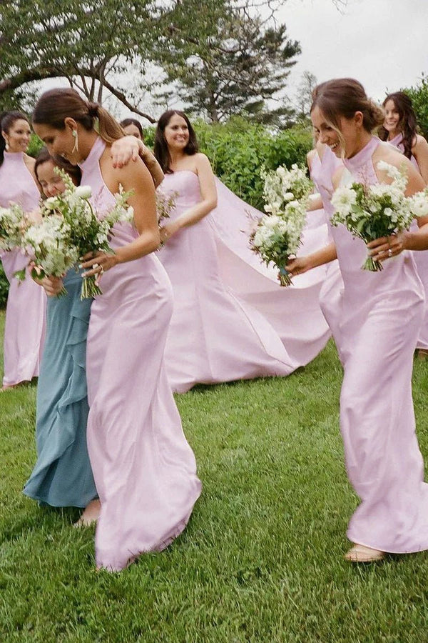Rosalinda | Sheath Halter White Silk Satin Long Bridesmaid Dresses