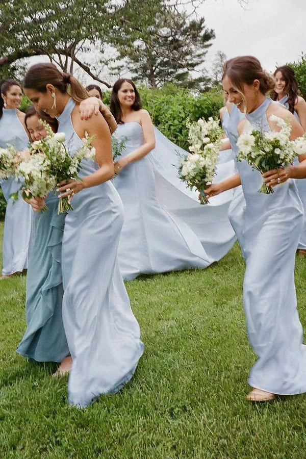 Rosalinda | Sheath Halter White Silk Satin Long Bridesmaid Dresses