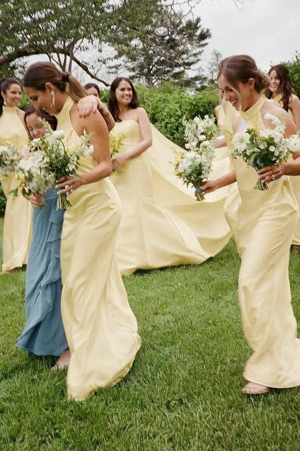 Rosalinda | Sheath Halter White Silk Satin Long Bridesmaid Dresses