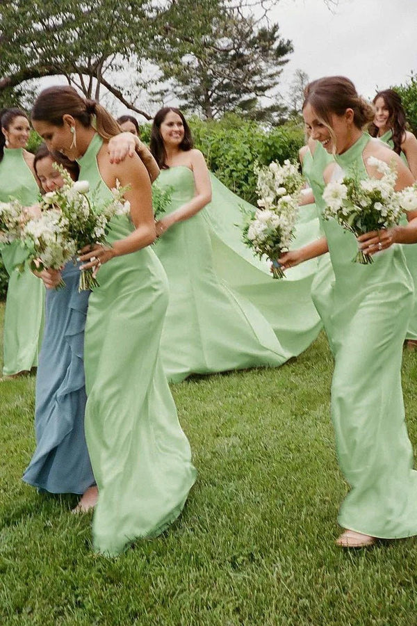 Rosalinda | Sheath Halter White Silk Satin Long Bridesmaid Dresses