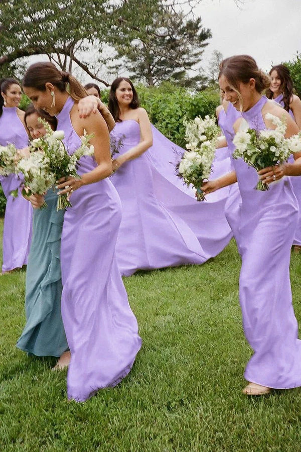 Rosalinda | Sheath Halter White Silk Satin Long Bridesmaid Dresses