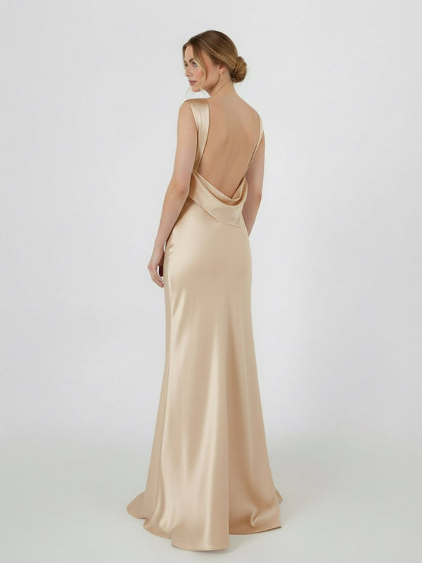 Sheath High Bateau Neck Backless Silk Satin Wedding Dress – Wedding Dresses by KissProm | Available at KissProm