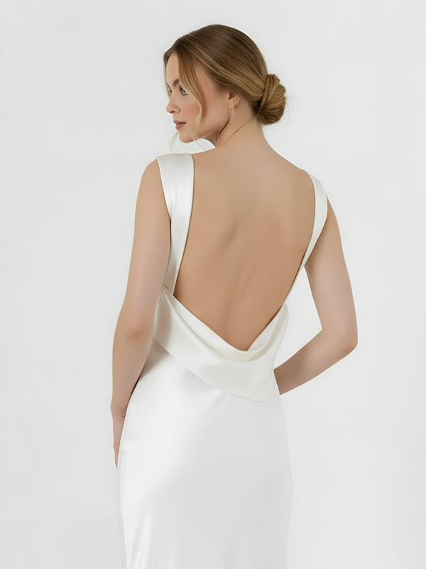 Sheath High Bateau Neck Backless Silk Satin Wedding Dress – Wedding Dresses by KissProm | Available at KissProm