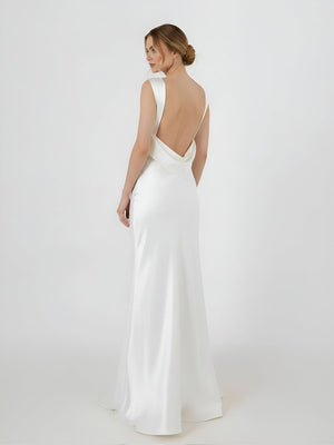 Sheath High Bateau Neck Backless Silk Satin Wedding Dress – Wedding Dresses by KissProm | Available at KissProm