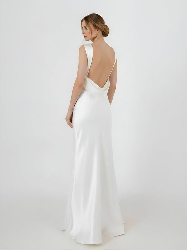 Sheath High Bateau Neck Backless Silk Satin Wedding Dress – Wedding Dresses by KissProm | Available at KissProm
