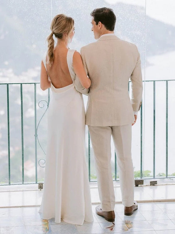 Sheath High Bateau Neck Backless Silk Satin Wedding Dress – Wedding Dresses by KissProm | Available at KissProm