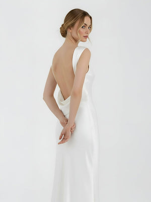 Sheath High Bateau Neck Backless Silk Satin Wedding Dress – Wedding Dresses by KissProm | Available at KissProm