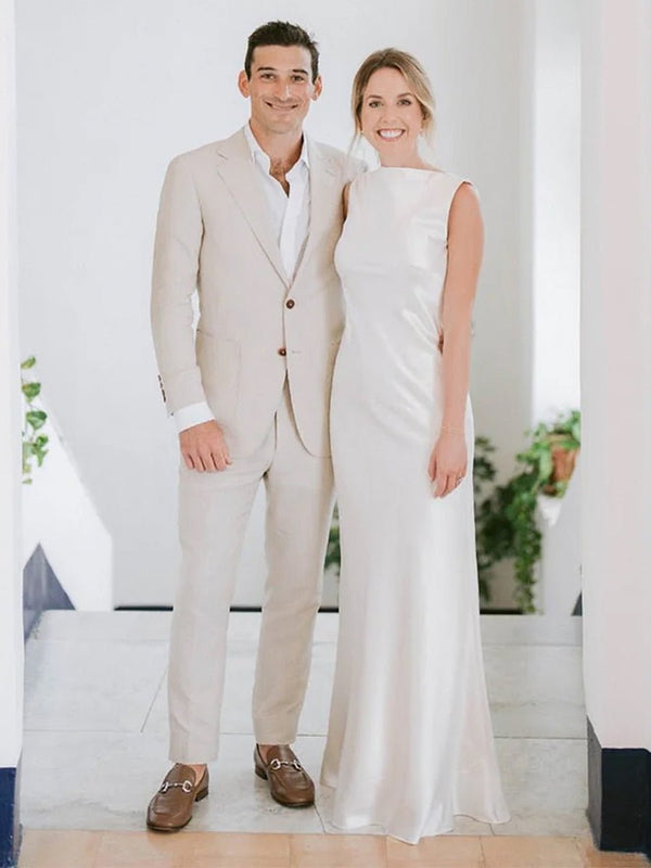 Sheath High Bateau Neck Backless Silk Satin Wedding Dress – Wedding Dresses by KissProm | Available at KissProm