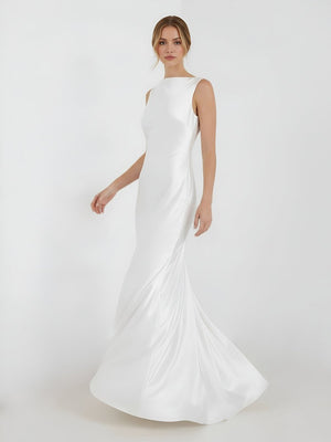 Sheath High Bateau Neck Backless Silk Satin Wedding Dress – Wedding Dresses by KissProm | Available at KissProm