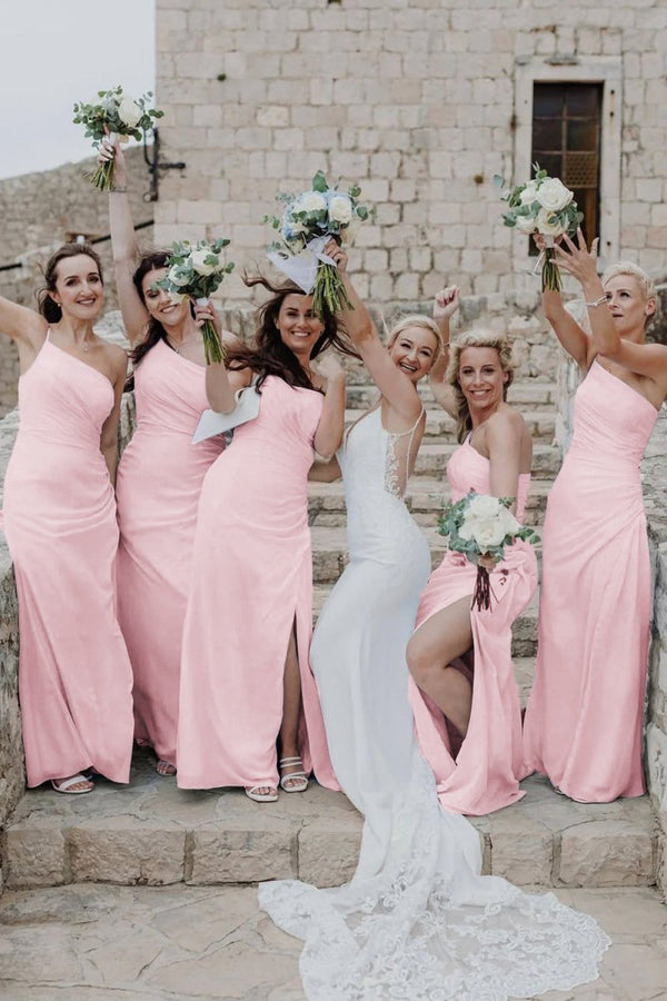 Sheath One Shoulder Light Blue Chiffon Slit Bridesmaid Dress - KissProm
