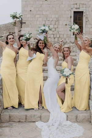 Sheath One Shoulder Light Blue Chiffon Slit Bridesmaid Dress - KissProm