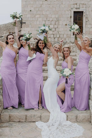 Sheath One Shoulder Light Blue Chiffon Slit Bridesmaid Dress - KissProm