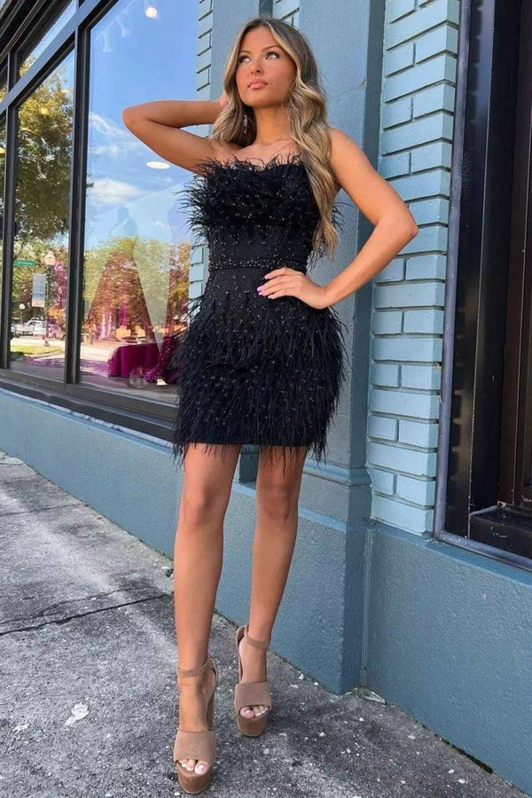 Moana | Sheath Strapless Hot Pink Feathers Short Homecoming Dress with Beaded Belt