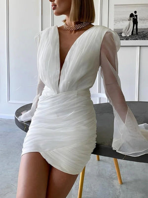 Sheath V - Neck Long Sleeves Short Mini Tulle Little White Wedding Dresses - KissProm