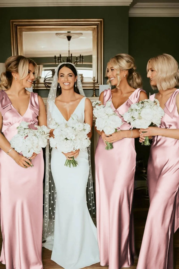 Sheath V Neck Sage Green Silk Satin Bridesmaid Dress with Bow – Bridesmaid Dresses by KissProm | Available at KissProm