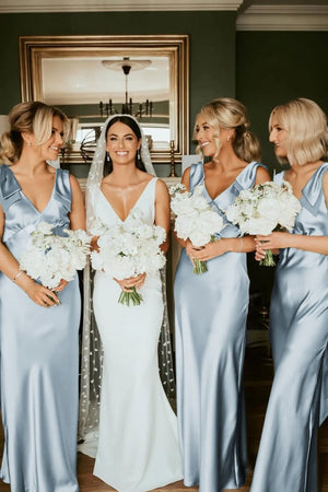 Sheath V Neck Sage Green Silk Satin Bridesmaid Dress with Bow – Bridesmaid Dresses by KissProm | Available at KissProm