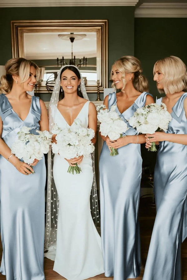 Sheath V Neck Sage Green Silk Satin Bridesmaid Dress with Bow – Bridesmaid Dresses by KissProm | Available at KissProm