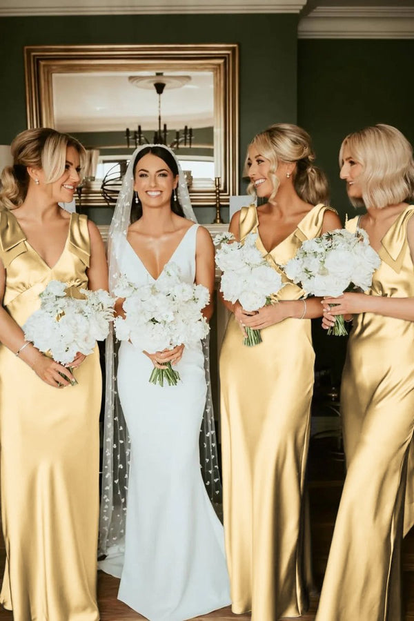 Sheath V Neck Sage Green Silk Satin Bridesmaid Dress with Bow – Bridesmaid Dresses by KissProm | Available at KissProm