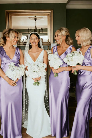 Sheath V Neck Sage Green Silk Satin Bridesmaid Dress with Bow – Bridesmaid Dresses by KissProm | Available at KissProm