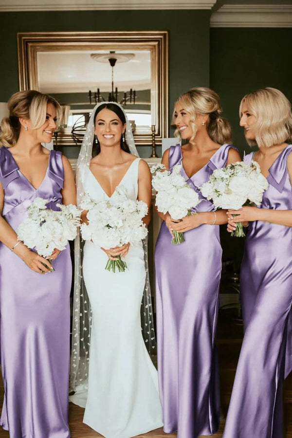 Sheath V Neck Sage Green Silk Satin Bridesmaid Dress with Bow – Bridesmaid Dresses by KissProm | Available at KissProm