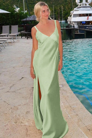 Sheath V - Neck Tie - Back Maxi Dress with Slit in Yellow - KissProm