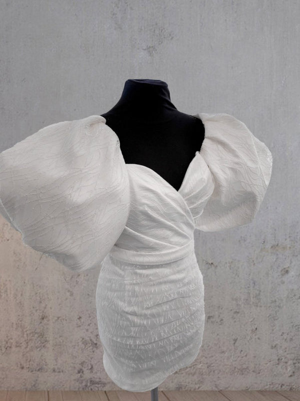 Madison | Sheath White Puff Sleeves Short V-Neck Wedding Dress