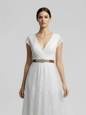 Short Sleeve V - neck Pleated Long Lace Wedding Dress - KissProm