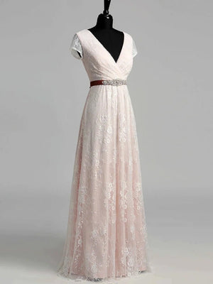 Short Sleeve V - neck Pleated Long Lace Wedding Dress - KissProm