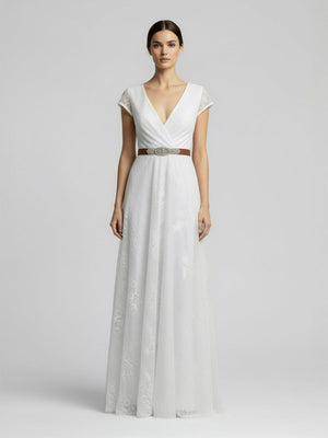 Short Sleeve V - neck Pleated Long Lace Wedding Dress - KissProm