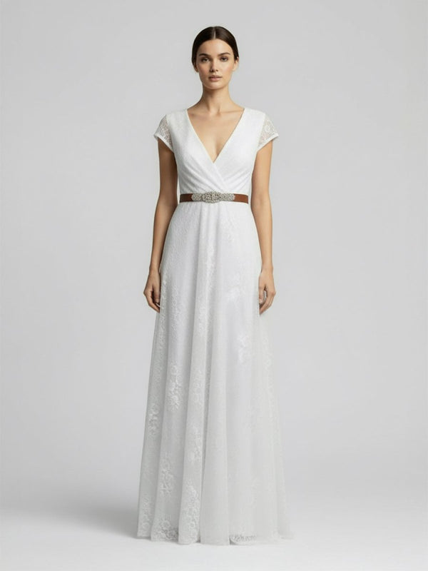 Short Sleeve V - neck Pleated Long Lace Wedding Dress - KissProm