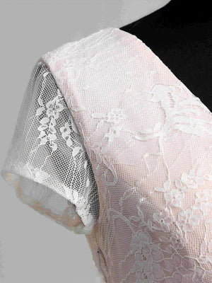 Short Sleeve V - neck Pleated Long Lace Wedding Dress - KissProm
