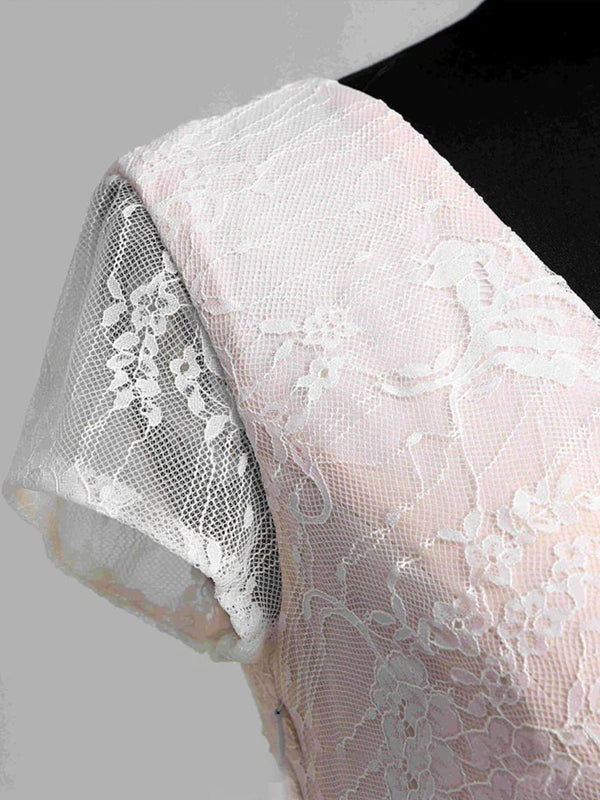 Short Sleeve V - neck Pleated Long Lace Wedding Dress - KissProm