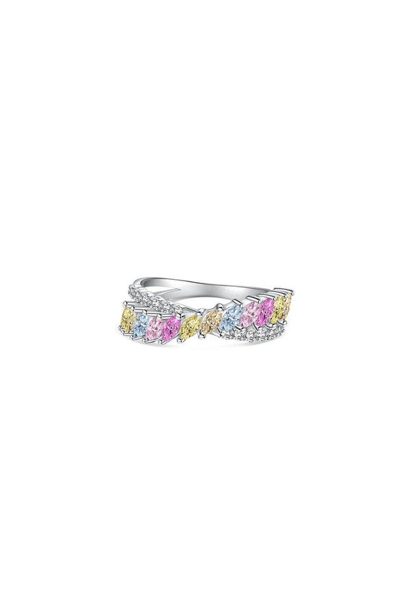 Silver Cross Shaped 5A Cubic Zirconia Colorful Agate Twisted Ring - KissProm
