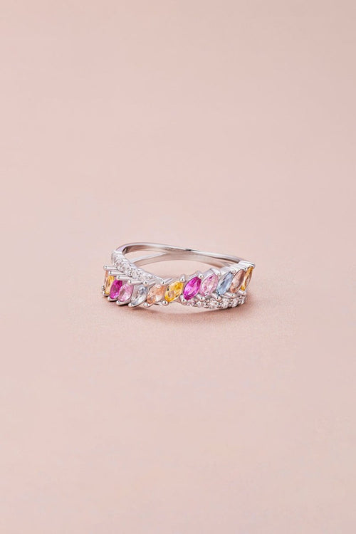 Silver Cross Shaped 5A Cubic Zirconia Colorful Agate Twisted Ring - KissProm